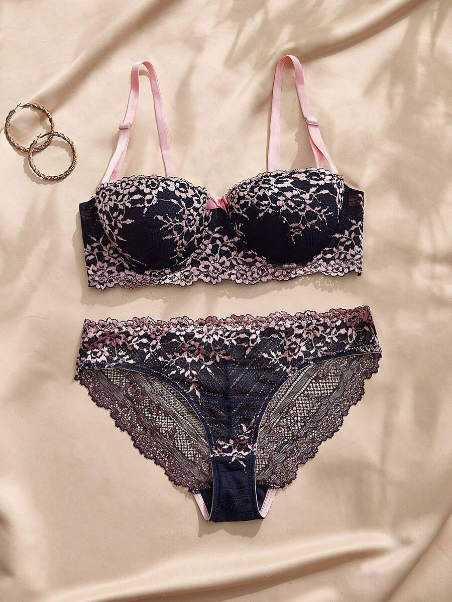 Charlaine Conjunto de lencería de moda con detalles de encaje y lazo floral para mujer - Rosa - Ver 1