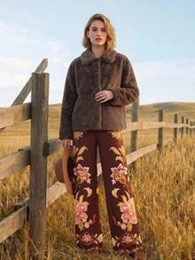 CAJUNI Women's Solid Color Long Sleeve Single-Breasted Loose Faux Fur Jacket Swimming Lilac Winter Basic - Coffee Brown - View 5