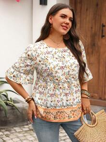 EMERY ROSE Plus Size Women Floral Print Casual Traditional Elegant Boho Versatile Daily Wear Summer Top For Beach Vacation White - Multicolor - View 6