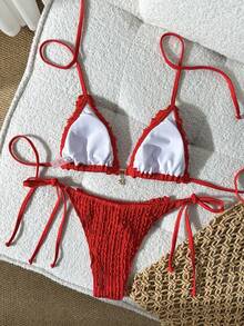 Swim Mod Women's Solid Color Jacquard Fabric Halter Metal Decor Ruffle Bikini Set, Spring/Summer - Red - View 4