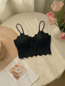 SHEIN MOD 2 件装花卉蕾丝文胸套装内衣 - 黑與白 - 查看 4