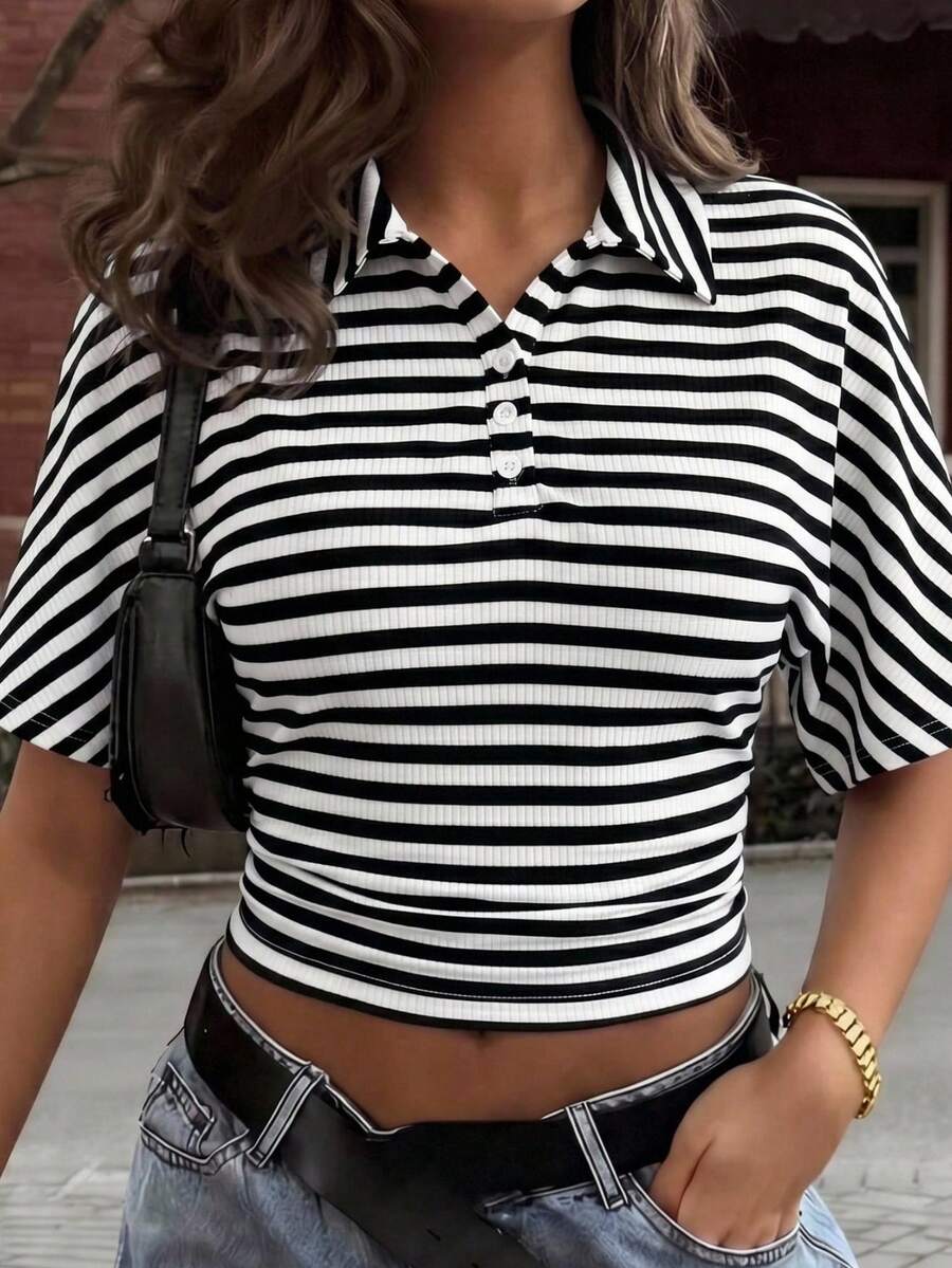 SHEIN EZwear 女士条纹针织修身休闲T恤 - 黑與白 - 查看 1