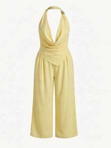 Auralis 2-Piece Set Women's Butter Yellow Summer Beach Holiday Elegant Linen Outfits,Square Scarf Hem Halter Top And Wide-Leg Pants Graduation Outfit Sets - Yellow - View 10
