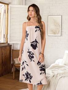 Serenescape Vacation Style Pink Floral Base Floral Print Ruched V-Neck Slip Dress For Women Sleep Summer Elegant - Apricot - View 1