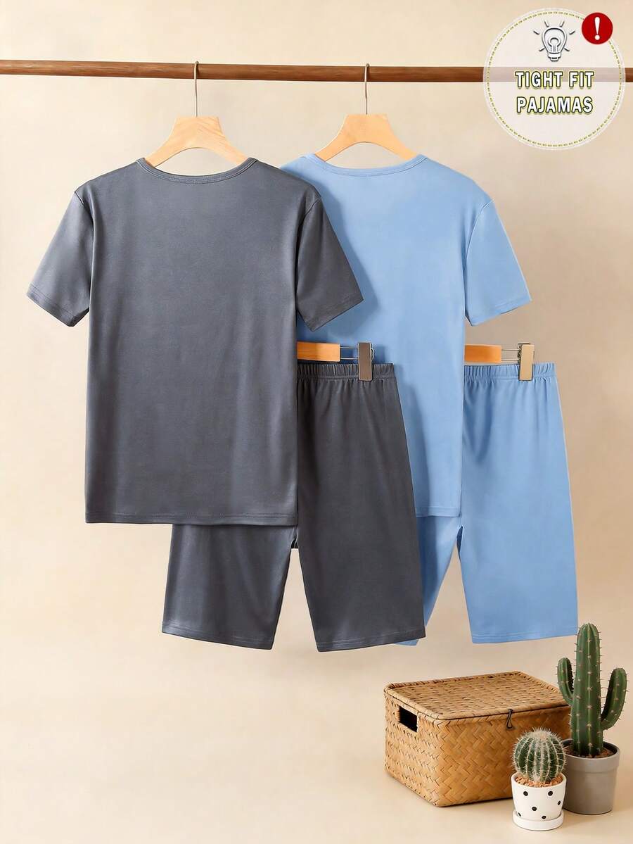 Boys' Minimalist Solid Color Snug Fit Pajama Set, Solid Color Short Sleeve Shorts Loungewear, Boys' Simple Style Comfortable Homewear Set - Multicolor - View 1