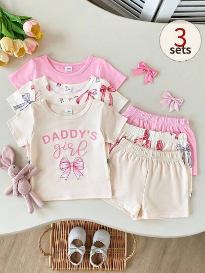 SHEIN Playful Pals 6件套女婴夏季可爱休闲简约杏色和黑色圆领短袖T恤上衣，带印花蝴蝶结，搭配3套同款短裤，适合日常和上学穿着。
