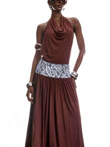 LYSMO 2026 New Arrive Minimalism Spring/Summer Women's Lace Patchwork Ruffle Casual Party Midi Dress Summer Outfits Festival Outfits For Women Elegant Party Dress  Brown Dress - Coffee Brown - View 3