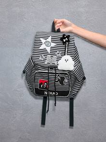 ROMWE Grunge Punk Punk Academy Wind Screaming Grimace Striped Backpack - Star Patch And Ghost Pendant Weird Cute Multi-Pocket Backpack Fashion Casual Unisex Large Capacity Backpack For Commuting, School, Travel And Daily Use - Black grey stripes - View 5