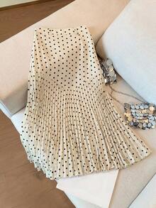 SHEIN PETITE Women's Elegant Polka Dot Print Pleated Midi Skirt ,Petite Women - Apricot - View 1