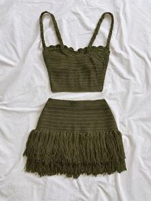 Soleia Setelan 2 Potong Baru: Bustier Berbentuk Cangkang & Rok Dalam Berumbai, Potongan Pas Badan, Gaya Bohemian, Boho, Liburan, Pakaian Wanita Musim Gugur, Vintage, Hari Raya - Hijau Tentara - View 2