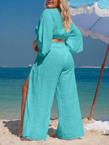 Swim Lushoire Plus Size Loose Kimono Cover Up Set, Vacation Style - Blue - View 2