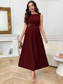SHEIN Maternity Solid Color Minimalist Sleeveless Dress, Casual Everyday Wear - Burgundy - View 4