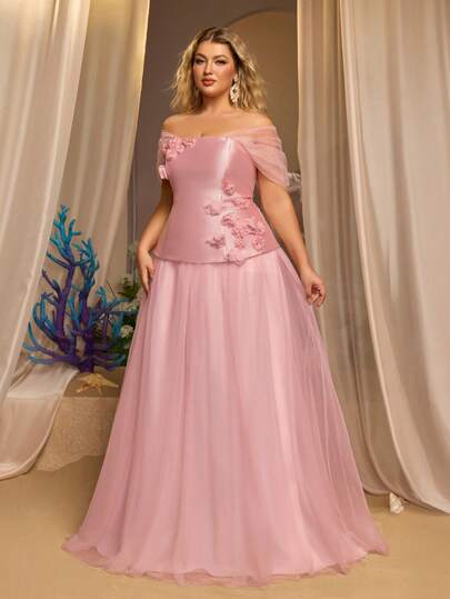 Aureia 优雅、浪漫、时尚、高贵的粉色缎面网纱拼接手工3D立体花卉连衣裙，适合参加派对/婚礼的正式晚宴。