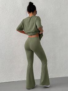 SHEIN EZwear 女款圓領落肩短袖寬鬆休閒舒適兩件套，夏季 - 軍綠色 - 查看 2