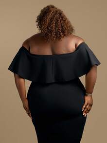 CurvyTilda Plus Size Women Elegant Solid Color Off-Shoulder Dress Spring To Summer Black, For Hourglass Body Shape - Black - View 5
