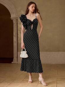 MOTF PREMIUM FASHIONABLE POLKA DOT MIDI DRESS FOR WOMEN - Black - View 4