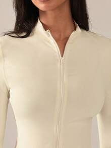 SHEIN BAE Chaqueta deportiva ajustada con cremallera frontal de unicolor - Amarillo claro - Ver 4