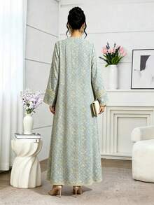 SHEIN Najma 金色花枝花边图案女士端庄优雅阿拉伯长袍，春秋时尚长袖开衫长外套，浅蓝灰色花卉图案阿巴雅，阿拉伯风格服装 - 彩色 - 查看 2