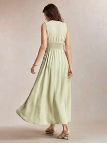 BizChic Green Women's Long Dress V-Neck Sleeveless Fitted Waist Elegant Casual Vacation Party Date Wedding Guest Independence Day Graduation Season Music Festival Slimming Elegant Versatile High-End Summer Social Holiday Gathering Outing Beach Office Daily French Vintage Minimalist Fresh - Green - View 3