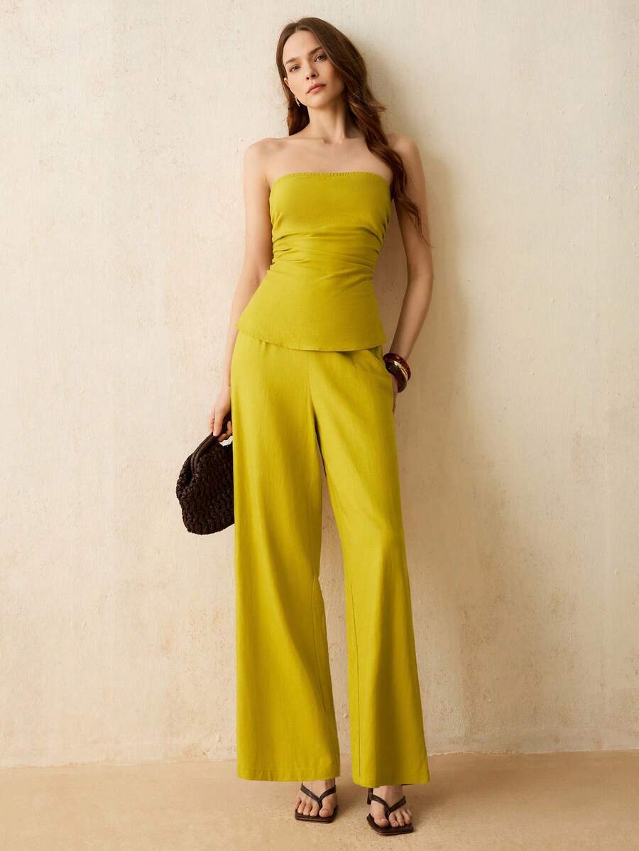 CielaLinda Women's Linen Sleeveless Top And Long Pants 2 Pieces Casual Set - Mustard Yellow - View 1