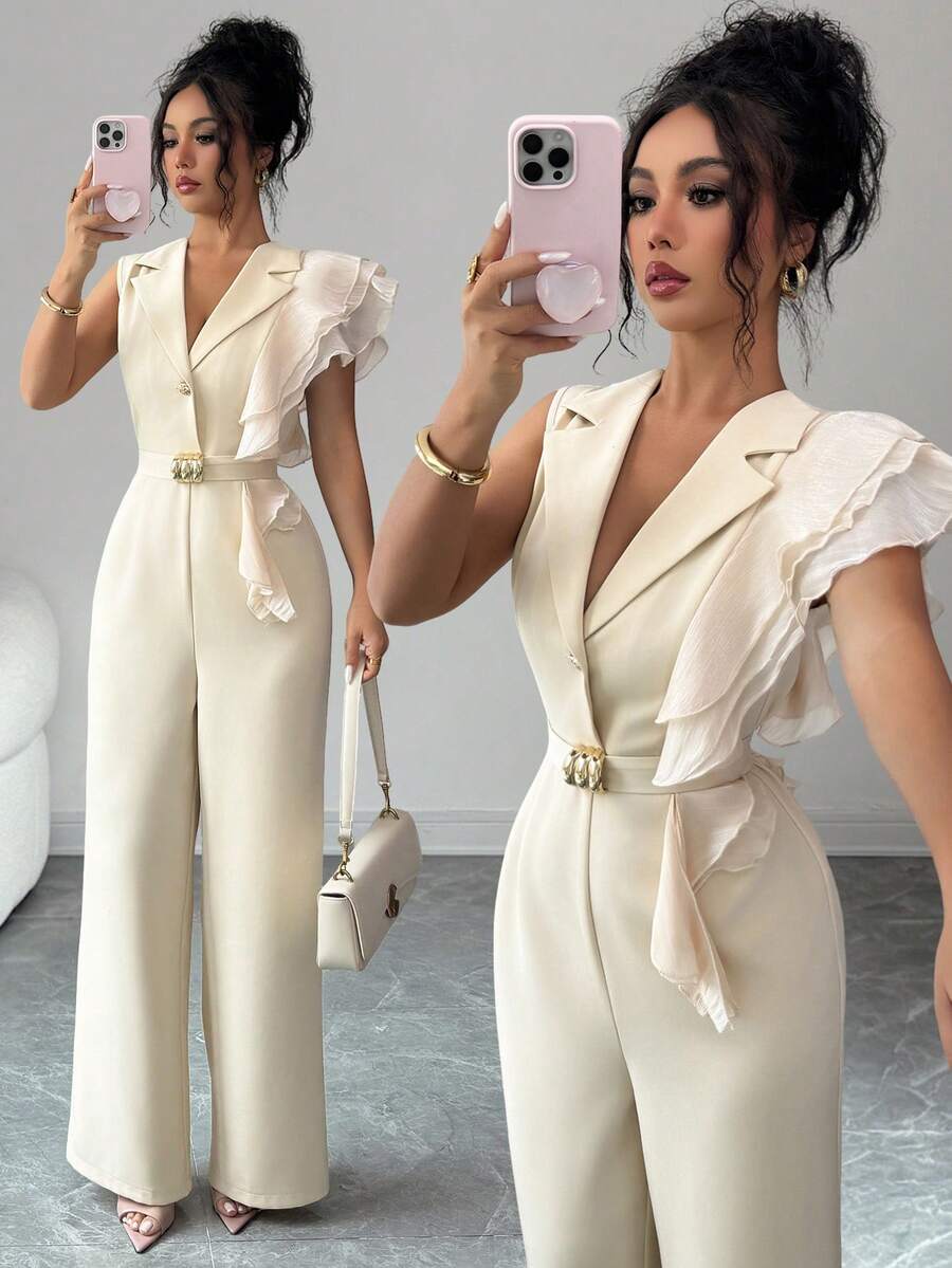 SHEIN Elenzya 女款翻領拼接荷葉邊腰部金屬飾優雅連身褲 - 杏色 - 查看 1