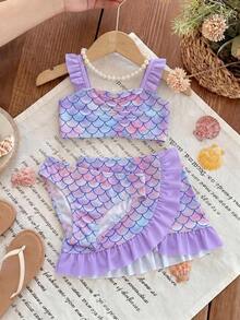 SHEIN 少女美人魚鱗片印花比基尼套裝，時尚休閒優雅泳裝，適合夏季游泳、海灘、度假 - 紫色 - 查看 1