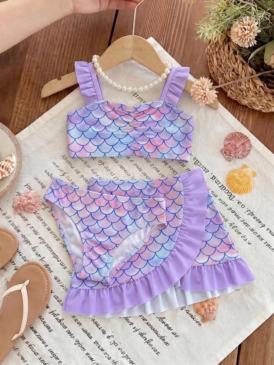 SHEIN 少女美人魚鱗片印花比基尼套裝,時尚休閒優雅泳裝,適合夏季游泳、海灘、度假 - 紫色 - 查看 1
