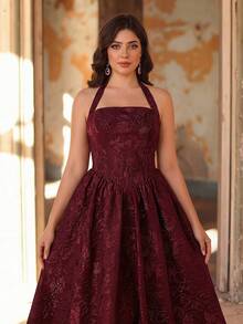 Aureia Elegant, , Fashionable Wine Red Jacquard Fabric Halter Dress, Party Wedding Guest Plus Size Bridesmaid Formal Evening Gown - Burgundy - View 3