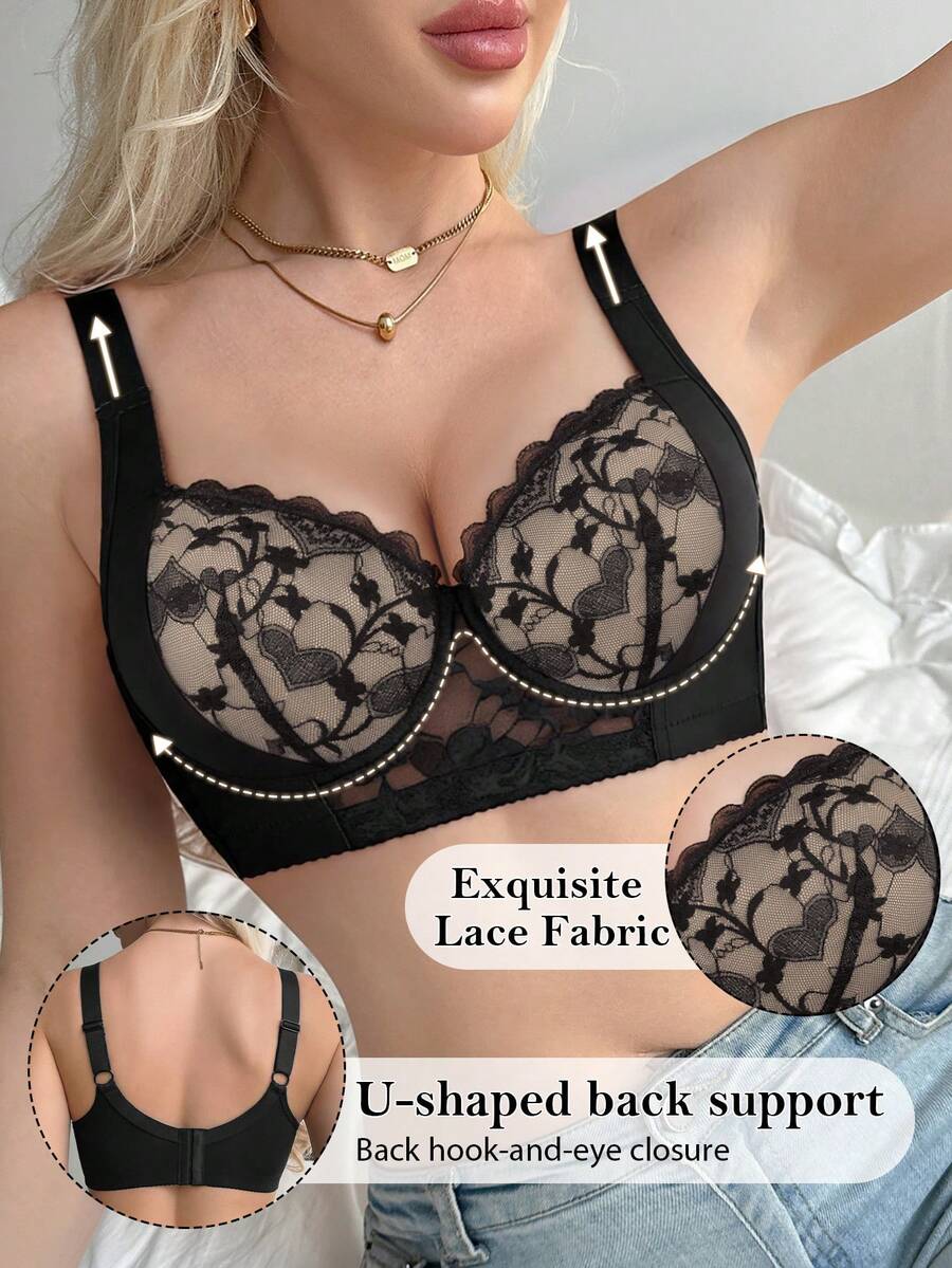 SHEIN 1 pieza Sujetador de encaje para mujer, suave y cómodo con tirantes anchos, recogido y ajustable con aros - Multicolor - Ver 1