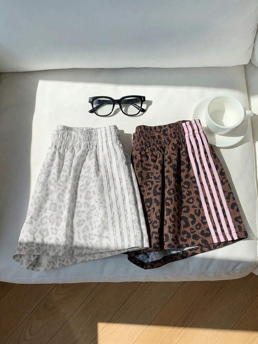 SHEIN EZwear 大码女式休闲条纹豹纹弹力腰短裤 - 彩色 - 查看 1
