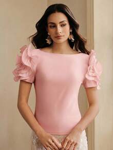 Anewsta Women's Short Sleeve Knit Top With 3D Rose Flower,Dusty Pink,Summer,Elegant,Dinner Date Waist Cinching Shiny Top For Wedding,Party - Dusty Pink - View 3