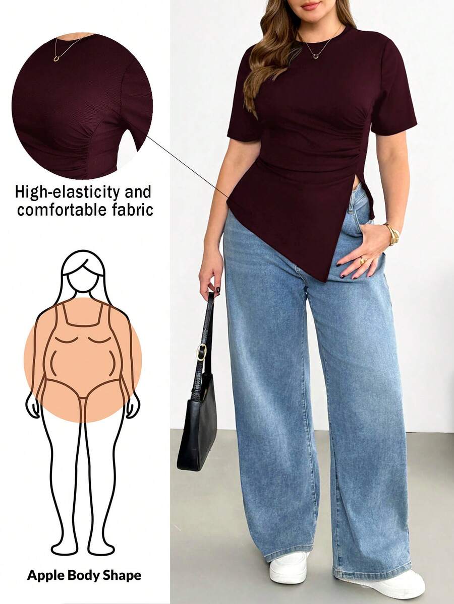 SHEIN Essnce Áo thun nữ cỡ lớn thời trang xuân/hè, thoải mái, co giãn, dễ chịu, cơ bản, đa năng, tôn dáng, vạt áo bất đối xứng, eo nhún, tay ngắn, màu đen, trang phục mùa hè, áo ôm dáng, áo đi chơi. - Màu Đỏ Sâu - Xem 1