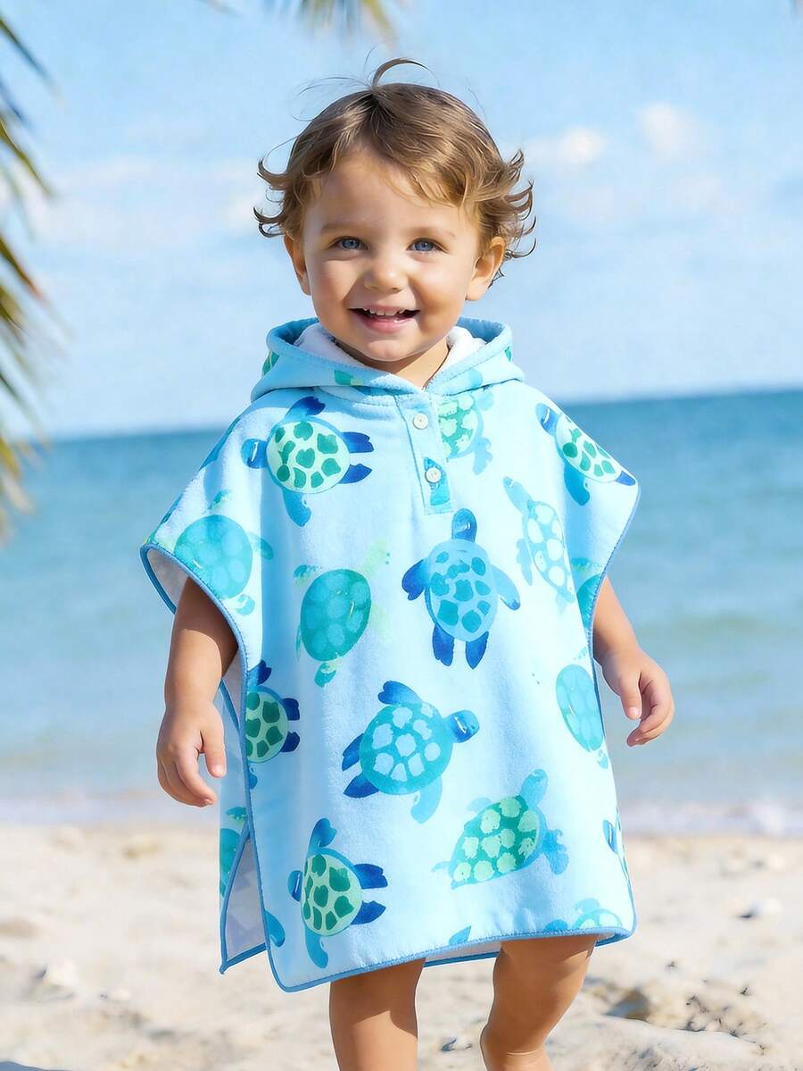 SHEIN 嬰兒/幼兒男童藍色卡通鯊魚印花連帽披巾,V領斗篷,泳裝罩衫,海灘圍巾,洗浴與游泳必需品 - 彩色 - 查看 1