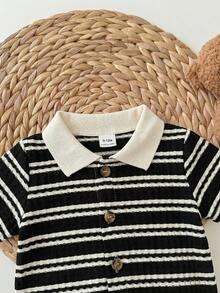 Newborn Baby Boy Black And White Striped Summer Casual Family Matching Cute Knitted Short Sleeve Romper,Birthday Party,Evening,Wedding,Baptism,Shower - Black and White - View 3