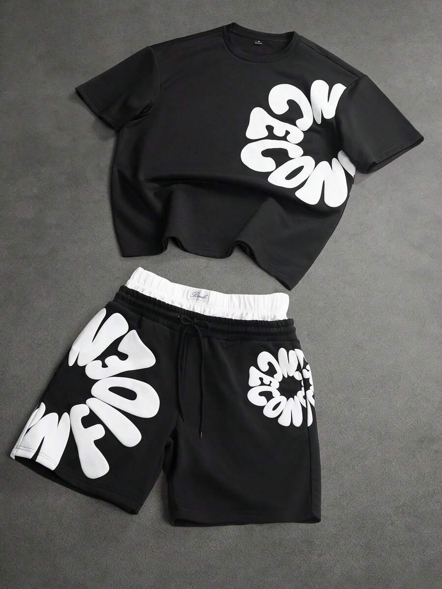 Manfinity Homme 男士字母印花圓領短袖T恤與對比飾邊短褲休閒套裝,度假風 - 黑色 - 查看 1
