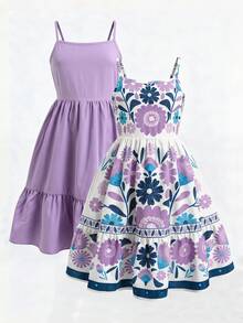 SHEIN Sparklyn Đầm hai dây kiểu dáng dành cho bé gái tuổi teen, eo thon, viền bèo nhún, họa tiết hoa retro, có đường viền trang trí, phù hợp mặc hàng ngày, đi du lịch, chụp ảnh, dã ngoại mùa hè. - Nhiều màu - Xem 1