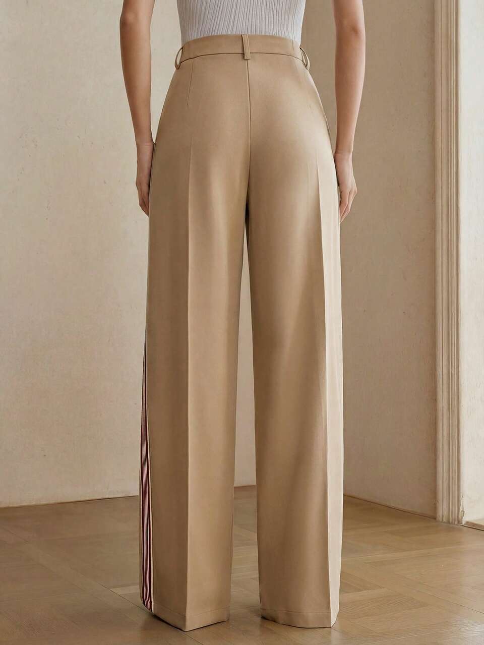 Anewsta Summer Khaki Side Stripe Wide Leg Suit Pants For Women Teachers' Day Office Business Casual