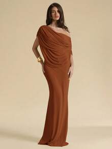SHEIN BAE Coffee Brown Off-Shoulder Ruched Fitted Elegant Dress, Tight Fitted Elegant Dress, Flowing Dress Coffee Date Summer - Rust Brown - View 3