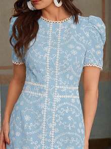 ZEYLAH Short Sleeve Vacation Embroidered Long Dress - Blue - View 2