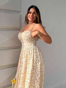 Maria Perezxox 春夏畢業季黃色度假休閒碎花細肩帶飄逸太陽裙女款，復活節派對洋裝 - 彩色 - 查看 3