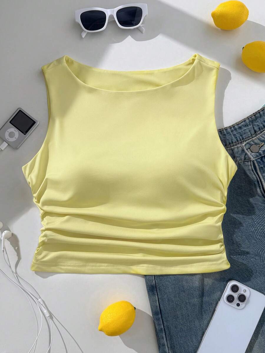 Comfortcana Damen Große Größen Lässig Homewear Sport Stil Elastisch Gerafftes Trägershirt - Hellgelb - Übersicht 1