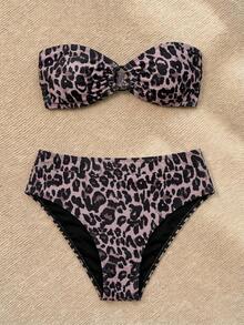 SHEIN VCAY Conjunto de biquíni tomara que caia com estampa de leopardo para mulheres, ideal para férias de verão na praia, Dia dos Namorados, looks de férias, moda praia, festivais, romântico, boêmio, estilo boho, doce, sedutor, festas rave, roupas para férias tropicais e carnaval. - Multicolorido - Ver 3