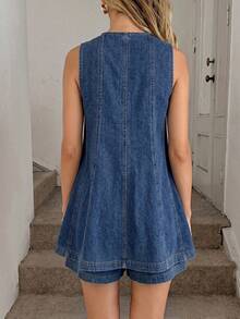 Easowa Bộ đồ denim thường ngày dành cho nữ, gồm áo dài tay cổ tròn và quần short. - Màu xanh lam - Xem 2