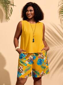 BrightlyHer Bộ đồ đôi nữ cỡ lớn gồm áo tank top cổ tròn màu trơn và quần short in họa tiết cây nhiệt đới, kiểu dáng thường ngày. - Nhiều màu - Xem 1