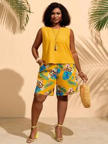 BrightlyHer Bộ đồ đôi nữ cỡ lớn gồm áo tank top cổ tròn màu trơn và quần short in họa tiết cây nhiệt đới, kiểu dáng thường ngày. - Nhiều màu - Xem 5