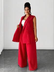 Maweii Plus Size Women Casual Elegant Blazer Jacket And Wide Leg Pants Suit, Suitable For Work Commute, Autumn/Winter - Red - View 6