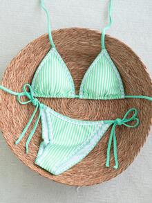 Swim Mod Bộ bikini nữ kẻ sọc xanh dễ thương, buộc dây, đồ bơi đi biển tươi mát cho kỳ nghỉ hè. - Màu xanh bạc hà - Xem 3