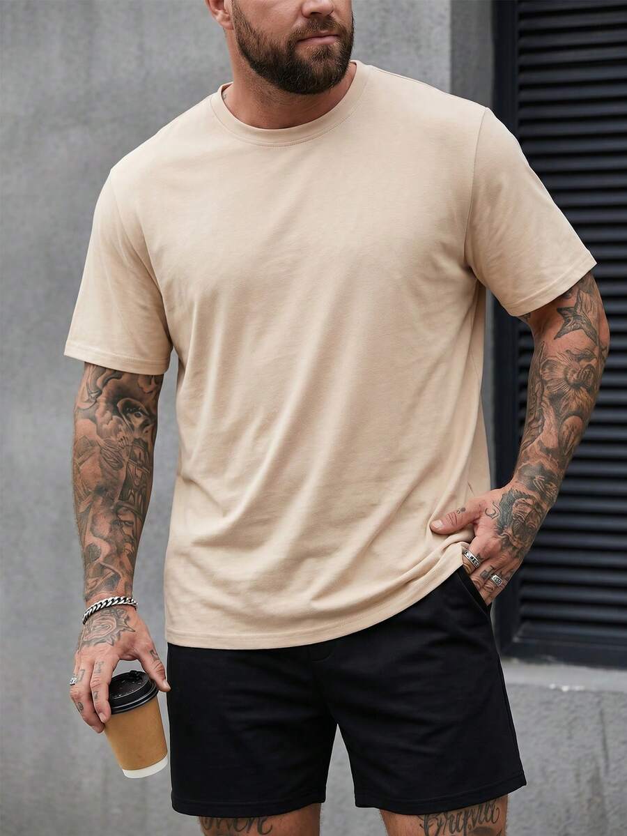Manfinity Homme 大码男式纯色圆领短袖休闲 T 恤 - 卡其色 - 查看 1