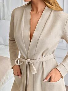 SHEIN PETITE SIZE Women Cotton Waffle Rib Knit With Pocket&Ruffle Detail Belted Homewear Comfort Lounge Set - Beige - View 6
