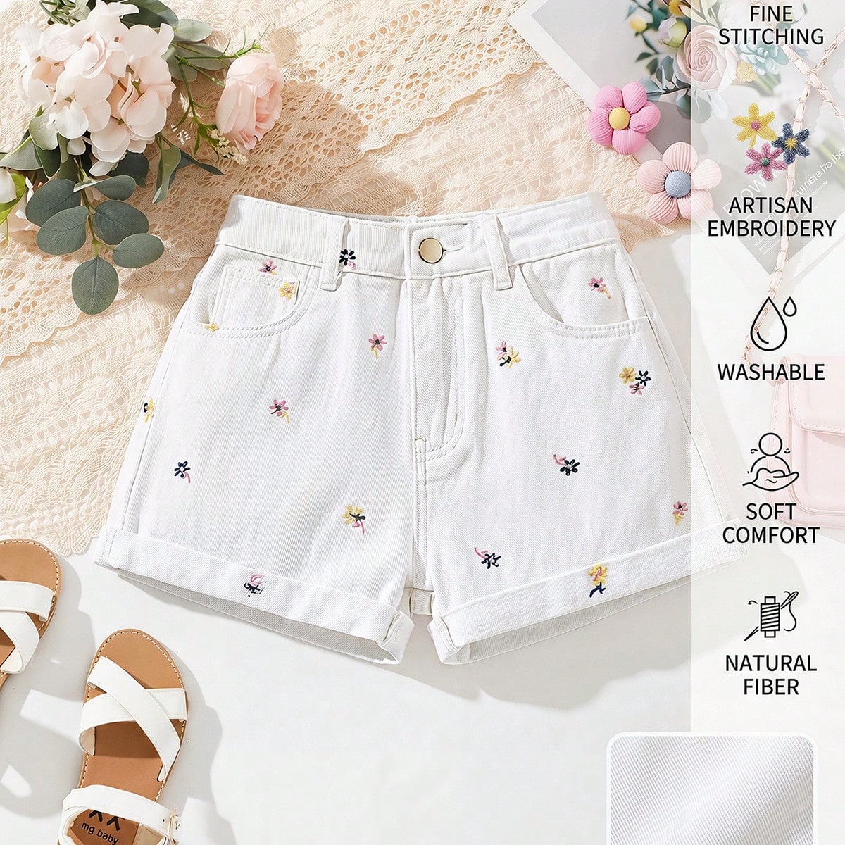 Pantalones cortos vaqueros casuales con bordado floral de estilo dulce para niñas preadolescentes en primavera y verano, con bolsillo y bajo enrollad